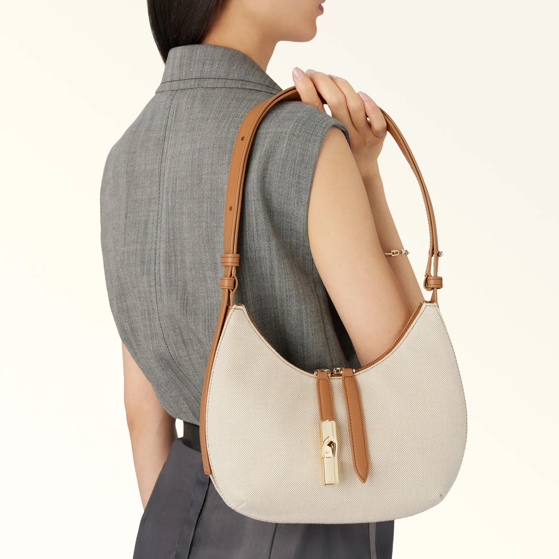 Furla Shoulder Bags|Furla Goccia<Goccia Shoulder Bag S naturale+brandy